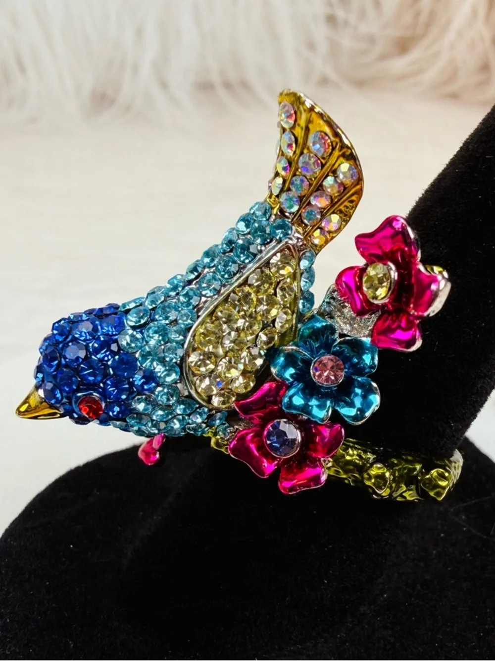 Colorful Bird size 5 3/4 Statement Ring with Crystals